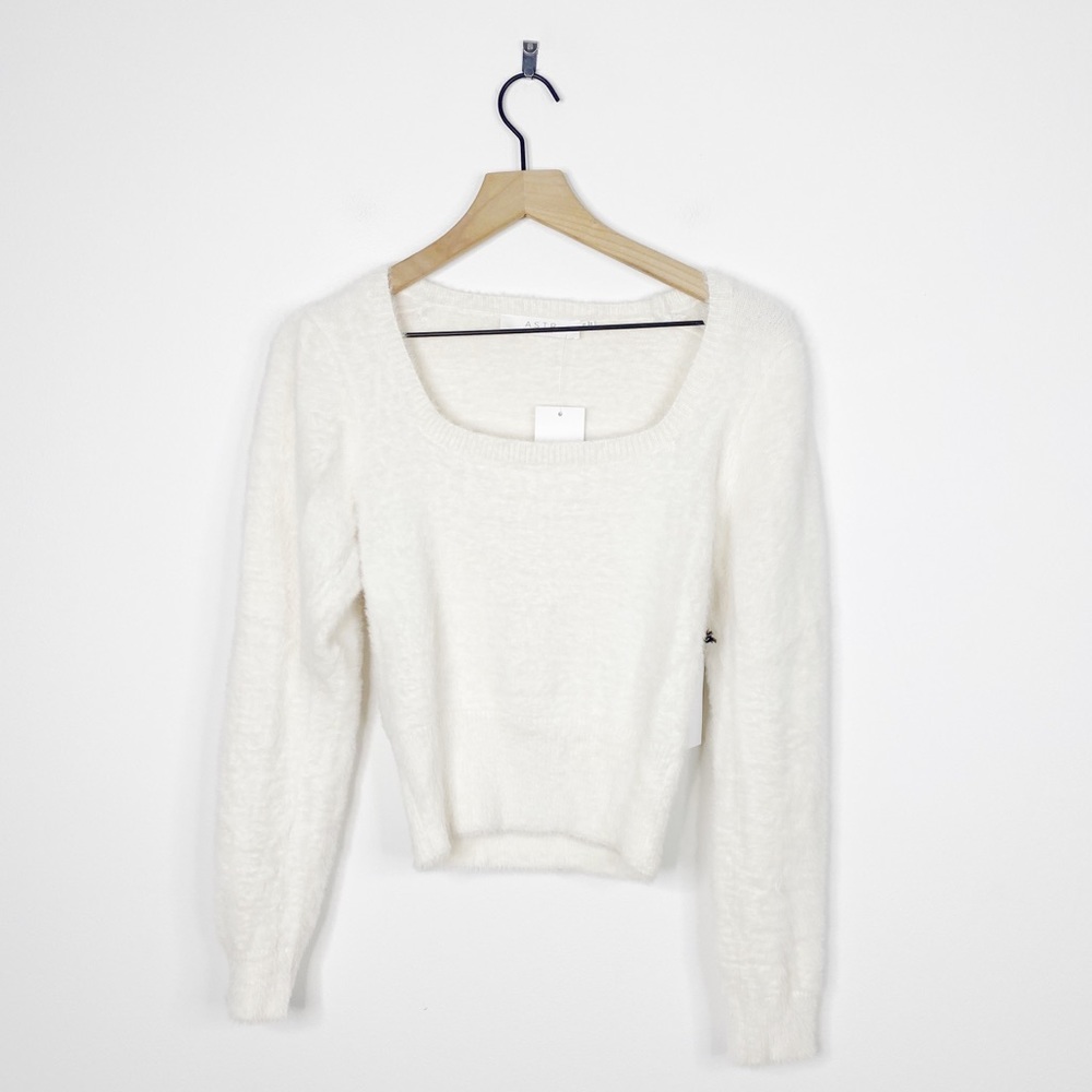 ASTR The Label Fuzzy Crop Top Square Neck Sweater